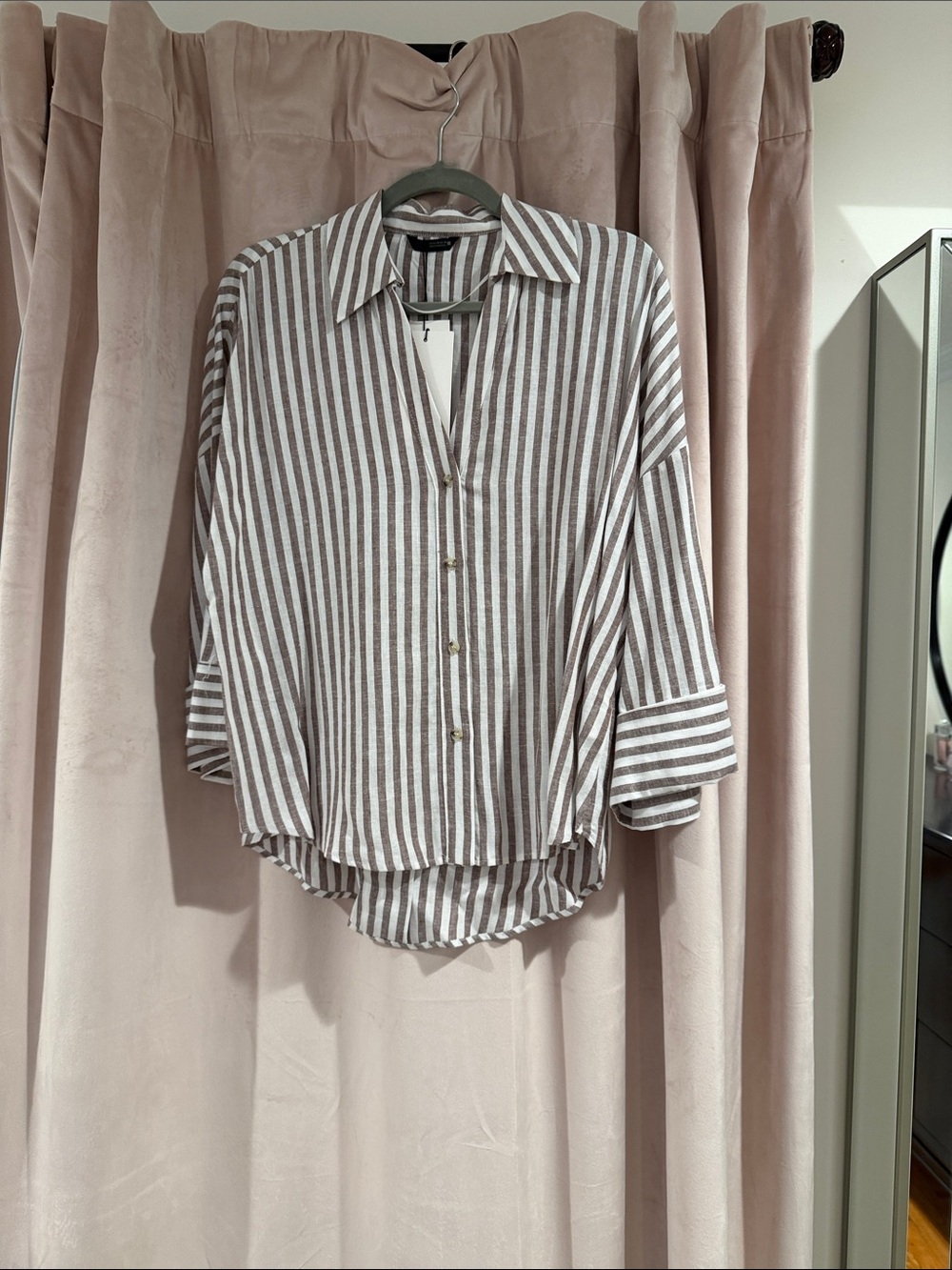 Zara Linen Striped Button-Down Shirt in Taupe and White